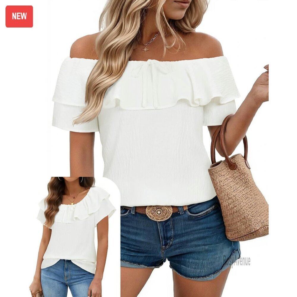 Chiffon Off Shoulder Blouse with Bow Tie Flutter Sleeves Summer Top